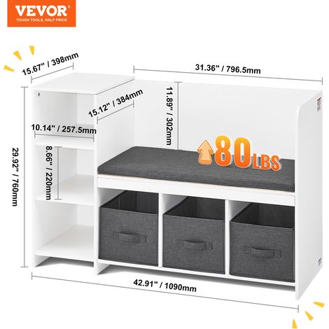 Banc de Lecture pour Enfants, Meuble de Rangement avec Coussin de Siège Amovible, Bibliothèque pour Chambre d’Enfants à 6 Compartim… (1/5)