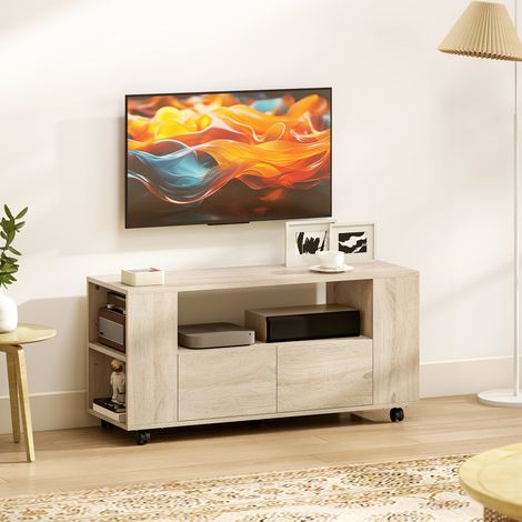 Mueble para TV de 42" con ruedas pivotantes y con freno, soportes y guías ajustables, 102 x 34,5 x 48,5 cm, madera