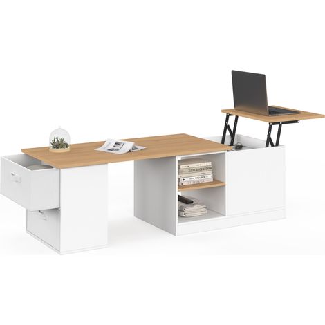 Table basse plateau relevable et extensible rectangulaire ILONA 100-140 cm avec 2 tiroirs, coffre et étagère blanc et bois (1/5)