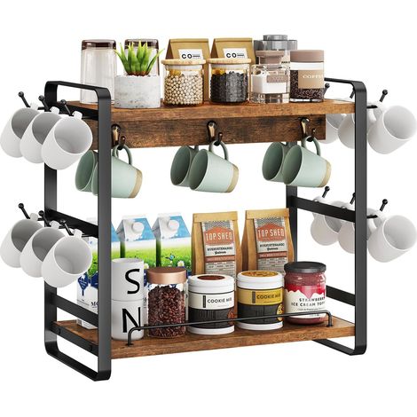 Organisateur De Bar Café, Portetasse à 2 Niveaux, Organisateur Tasse à Café En Bois Avec 18 Crochets, Support Tasse Multifonctionnel Pour Maison,Cuisine Et Bureau, Marron Vintage TBJ006H (1/5)