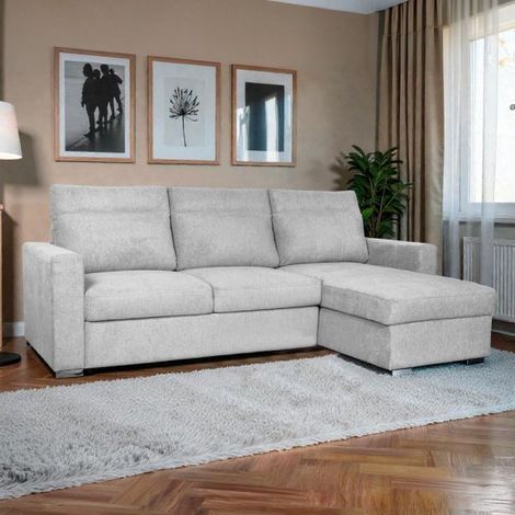Divano angolare Elba con letto estraibile e penisola contenitore reversibile in tessuto Neve 80 grigio chiaro