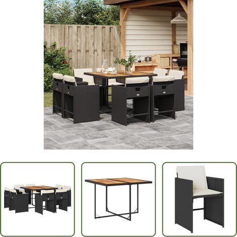 vidaXL Gartenstuhl - 9-tlg. Garten-Essgruppe mit Kissen Schwarz Poly Rattan (1/5)