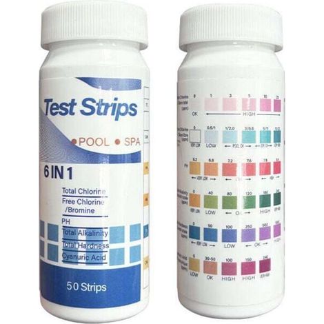 Lot de 50 Bandes de Test, 6 En 1 Bandes Spa Et Piscine, Bandes Test Eau pour Tester Chlore Libre, Le Brome, la dureté Totale, l’alcalinité Totale, l’Acide cyanurique et Le pH (1/4)