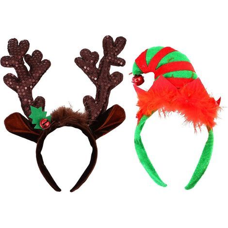 Lot de 2 serre-têtes de Noël avec bois de renne, mini serre-têtes d'elfe, articles de fête (1/3)
