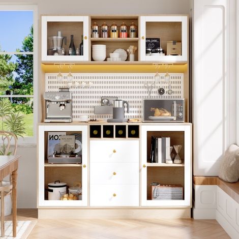 Küchenschränke mit intelligenter LED-Beleuchtung, hohe Wohnzimmerschränke, Sideboards mit Weinregalen und Kippsicherung, verstellbare Einbauregale, weiß