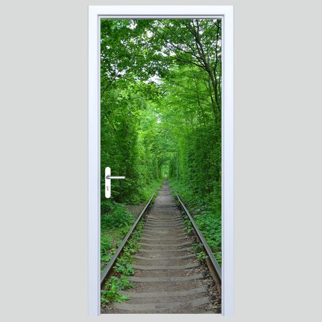 Adesivo per porta in tessuto con vecchie tracce nella foresta 350PD