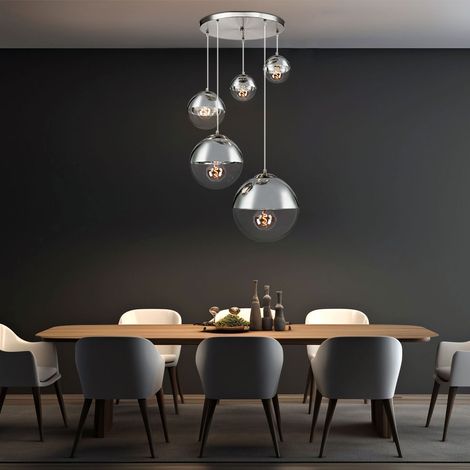 Hängeleuchte Esszimmer Modern Esstischleuchte Glaskugeln 5 Flammig Kugelleuchte Glas Groß, Nickel-matt klar chromfarben, 5x E27, DxH 65x150 cm