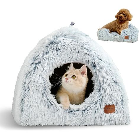 1 - Lit Pour Chat - Dôme Pliable - 2 en 1 Grotte Et Tapis - Fond Antidérapant Avec Coussin Lavable - Pour Chatons Et Petits Chiens - Gris - 45x45x45cm (1/5)