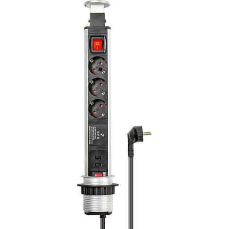 Multiprise 3 + 2, multiprise escamotable, Interrupteur, Profil en Aluminium, 3 Contacts de Protection, 2 USB, PT060-0103, 1 pièce (1/2)