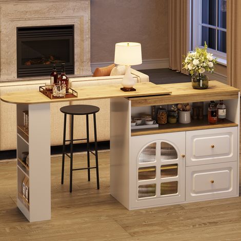 Buffet pivotant à 360°, simple et moderne, adapté à la chambre, au salon et à la salle à manger, 2 tiroirs, étagère à snacks, compartiment de rangement ouvert, armoire buffet pivotante avec étagères e (1/5)