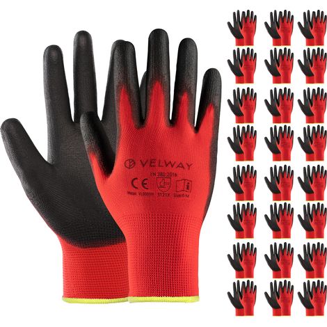 Velway Gants de Travail PU Rouges 24 Paires Taille 8 (1/5)