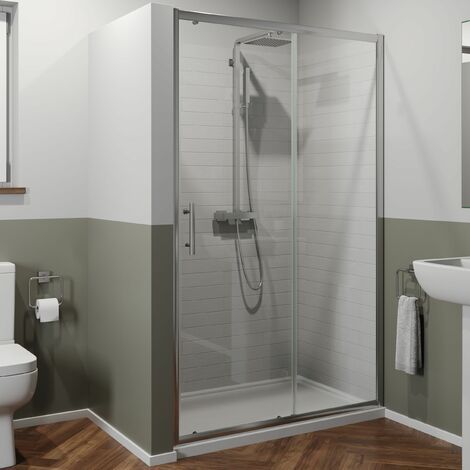 1100 x 800mm Sliding Shower Door Enclosure 6mm Glass Chrome Framed Tray Waste (1/5)