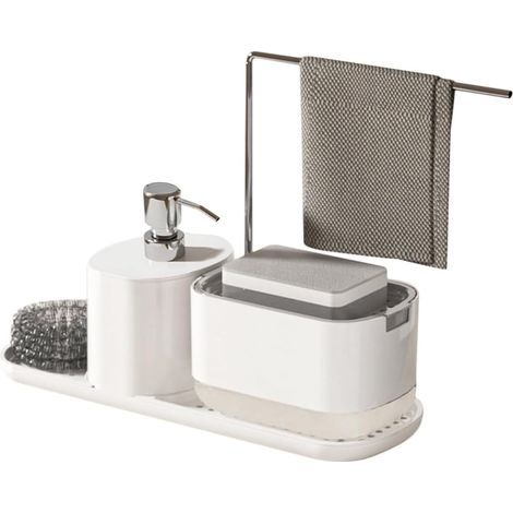 Distributeur De Savon De Cuisine - Support Pour Éponge Et Chiffon - Lot 4-en-1 Avec Bac À Égouttage - Capacité 350 ml - Pour Évier Ou Plan De Travail (1/5)