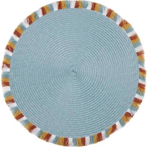 Pack 6 bajoplatos redondos azul 38 cm con borde de flecos (1/5)