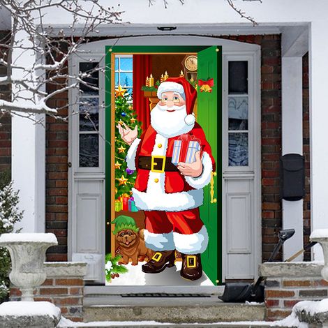 Bannière de porte de noël, décorations extérieures, drapeaux d'extérieur, tissu suspendu décoratif de fond de père noël et de chiot (1/4)