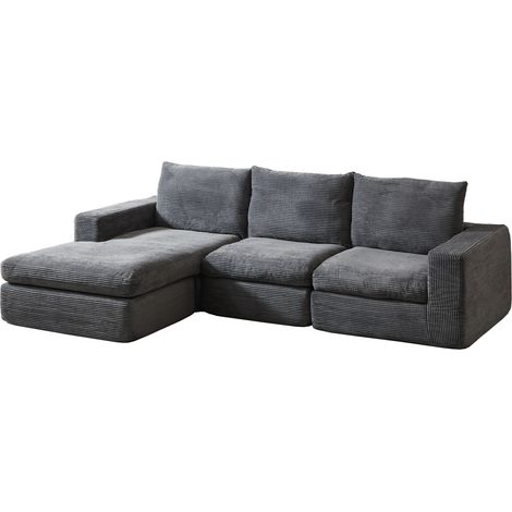 Sofá chaise longue L en corduroy gris oscuro, 3 cojines, sin montaje, HOMVRA (1/5)