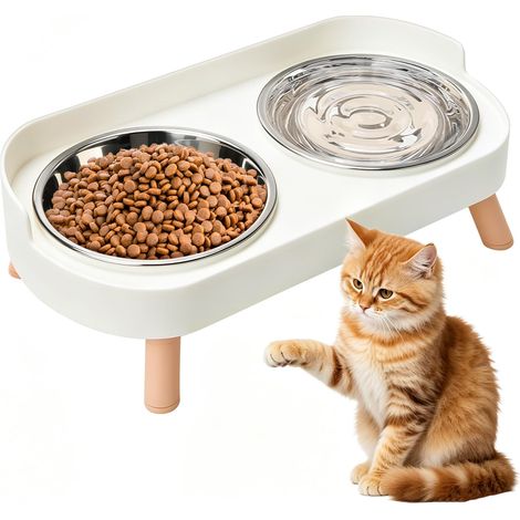 Lot de 2 gamelles surélevées en acier inoxydable avec protection anti-éclaboussures, double gamelle pour chat avec - MMCD-ZGL-04957 (1/5)