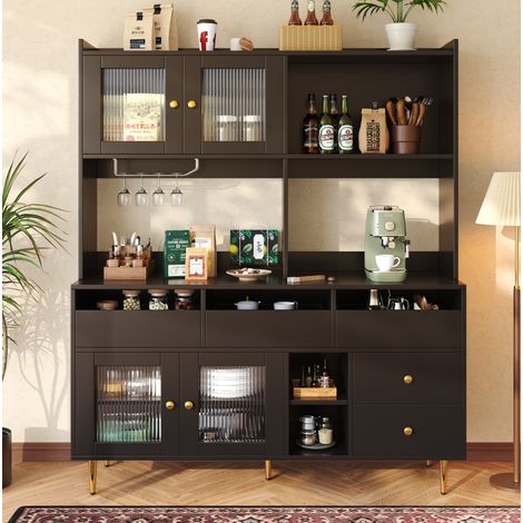 Sideboard en MDF noir 145 x 39 x 171 cm avec portes en verre Changhong, range-bouteilles, étagères ouvertes et rangements (1/5)