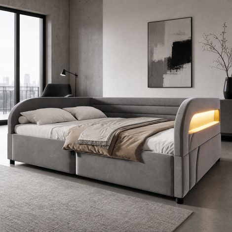 Cama de plataforma tapizada (140x200 cm), almacenaje hidráulico, iluminación LED, franela, gris (1/5)