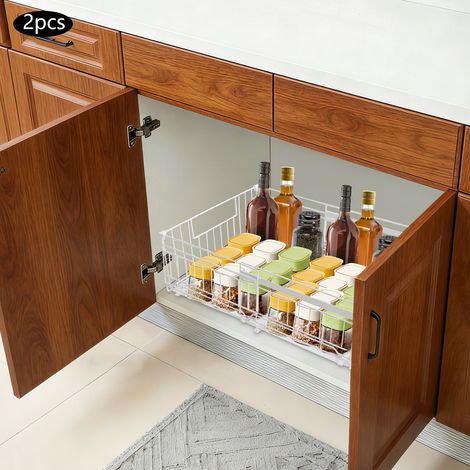 2 tiroirs coulissants, support de rangement coulissant pour armoires de cuisine, support de rangement coulissant pour armoires de cuisine, blanc, 38 (profondeur) × 17 (hauteur) × 32,5-50 (largeur) cm (1/5)