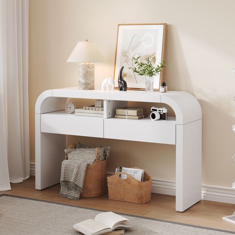 Table console moderne avec tiroirs,façade courbée et pieds réglables. Blanche,étroite et design pour entrée et couloir.