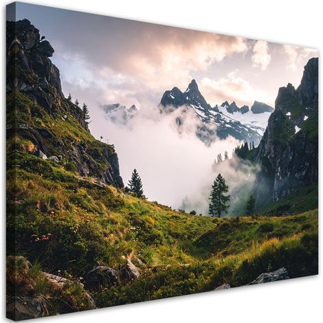 Quadro su tela, Paesaggio vista montagne bosco nebbia natura, 90x60 (1/5)