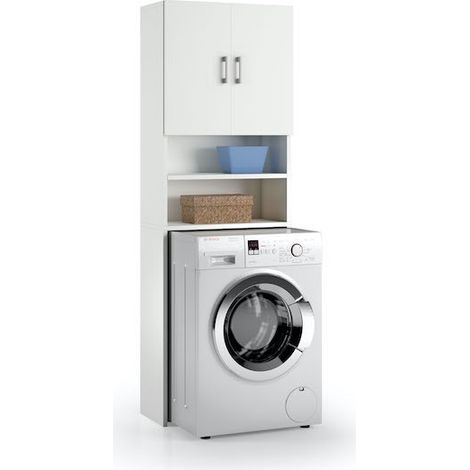 Meuble polyvalent au-dessus du lave-linge avec deux étagères et deux portes blanches (1/2)