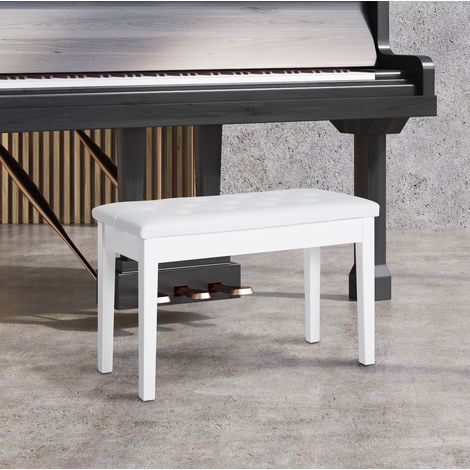 Banco de piano rústico con almacenaje, madera y cuero sintético, blanco, 76 x 36 x 50 cm (1/5)