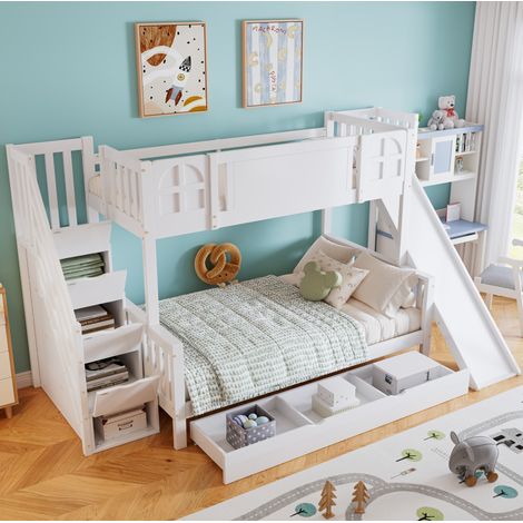 Letto a castello 90x200 cm bianco in pino e MDF con scivolo e scale (1/5)
