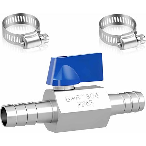 Robinet à Bille en Acier Inoxydable de 8MM, Robinet de Carburant De 8 Mm Avec 2 Colliers de Serrage, Vanne D'ArrêT à Bille à Joint Pagode Pour Eau, Gaz, Huile, Carburant, Raccord de Jardin (1/5)