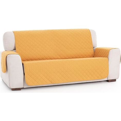 Housse de canapé matelassée 5 places, longueur 240 cm, réversible 2 couleurs, moutarde-ivoire (1/4)