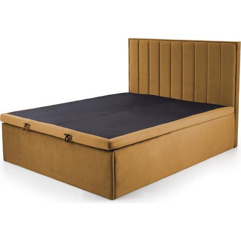 Lit en tissu jaune moutarde 160 x 200 avec tête de lit et coffre de rangement Peony (1/5)