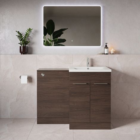 Napoli 460 Brown Oak 1100mm 2 Door Vanity Unit Toilet Suite with Glide Basin - 1100mm - Chrome 160mm HandleWithout Kingston Toilet Pan