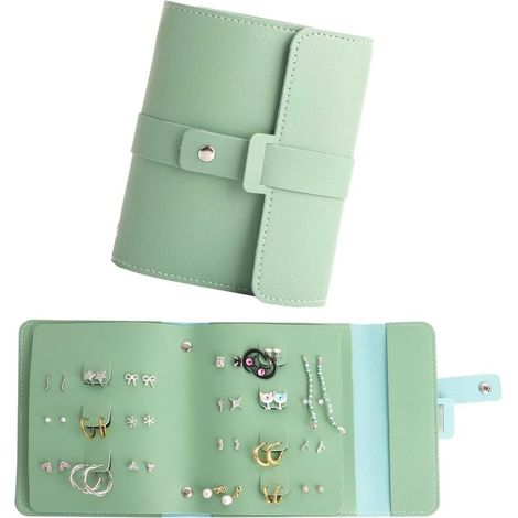 CCYKXA Practical Women's Earring Storage Small Book Bags Jewelry Box Jewelry Organizer Case Earring Display Stand Earring Holder for Travel PU Leather (Green)