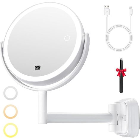 Miroir Grossissant 30X/1X avec Affichage Batterie, Bouton Tactile Double Face, 3 Modes Lumière, Installation Murale sans Perçage ou avec Perçage pour Salle de Bain, Dressing ou Chambre, Blanc (1/5)