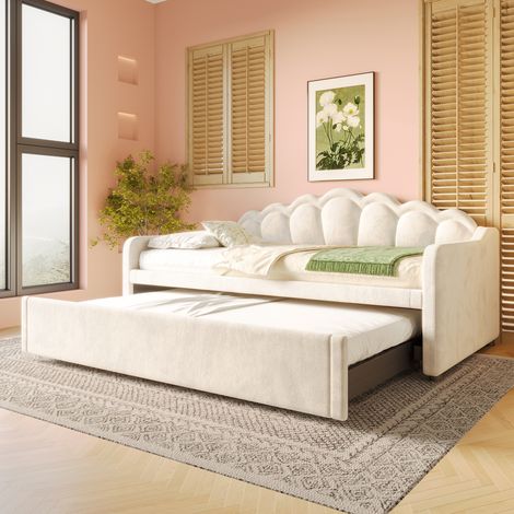 Cama nido 90x200 cm con LED cabecero ondulado terciopelo y MDF beige (Sin colchón) (1/5)