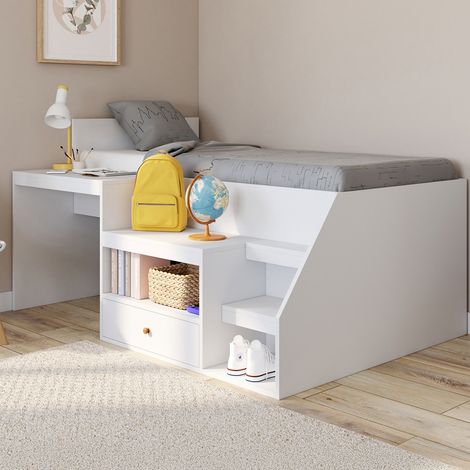 LEOPOLD 90 x 190 cm cama combinada blanca con somier, escritorio y espacio de almacenamiento (1/5)