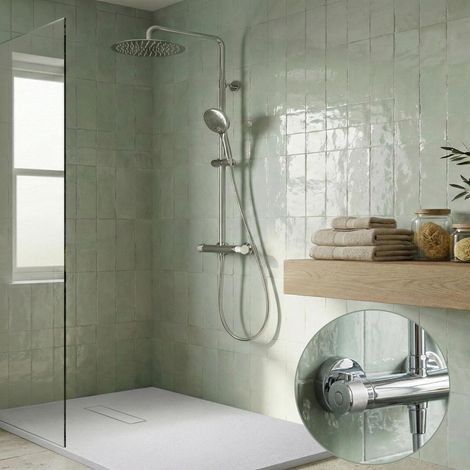 Colonne de douche thermostatique en inox avec tête ronde et poignées guillochées