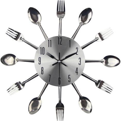Horloge de cuisine effet miroir avec cuillère, fourchette, autocollant amovible en 3D pour la décoration de la maison 32324CM argent métallique，une pièce