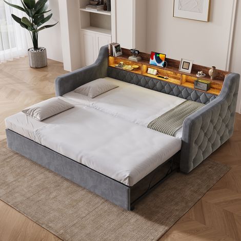 Canapé-lit convertible 90x190cm, tête de lit en bois avec rangement, LED, USB et Type-C, sommier à lattes, velours, gris foncé (1/5)