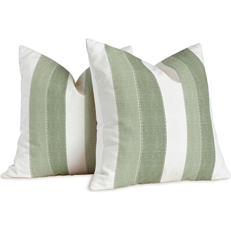 Lot de 2 Housses de Coussins Rayures Blanc 40x40cm Sauge Vert Housse Coussin Moderne Coussin Decoratif Canape Taie d'oreiller Vintage Lin Decoration pour Jardin Extérieur Chambre Salon (1/5)