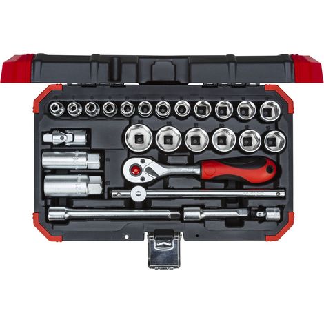 Gedore – Jeu de clés à douille 26 pièces – Acier chrome-vanadium – Connexion 4 pans creux DIN 3120 – Coffret avec charnières métalliques (1/5)