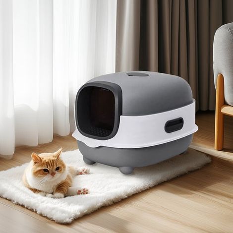 Bac à litière fermé BingoPaw XXL - Toilettes de luxe pour chats avec grille anti-piège - Pelle incluse - Gris/Blanc - 56 x 34 x 38 cm - Pour grands chats jusqu'à 15 kg (1/5)