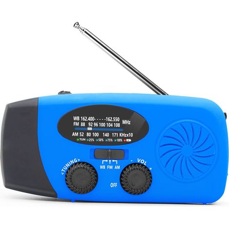 Radio solaire d'urgence bleue – lampe torche LED intégrée – rechargeable par USB, énergie solaire et manivelle. (1/5)