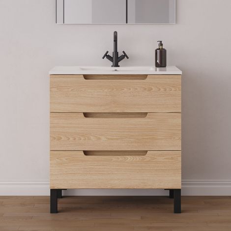 Meuble de salle de bain 70cm simple vasque - sans miroir - 3 tiroirs - roble era (chêne clair) - RIZA (1/5)