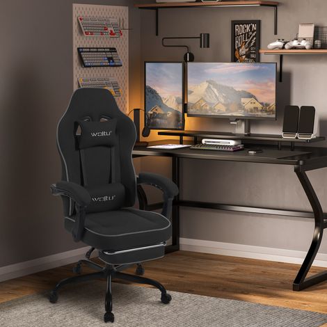 WOLTU Gaming Stuhl Ergonomischer, Bürostuhl mit Taschenfederkissen, Drehstuhl mit Kopfkissen, Lendenkissen, Fußstütze, Tech-Stoff, 150 kg Belastbarkeit, Schwarz