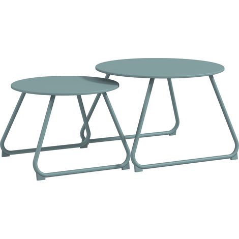 Lot de 2 tables basses rondes gigognes empilables de Jardin métal époxy, Table d'Appoint Stable pour extérieur, Bleu
