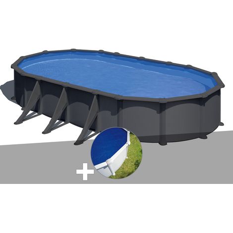 Kit piscine acier gris anthracite Gré Juni ovale 7,44 x 3,99 x 1,32 m + Bâche à bulles