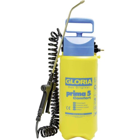 Gloria – Pulvérisateur à pression 5L – Tuyau spirale 2,5m – Pression max 3 bars – Connexion compresseur – Lance en laiton avec buse à cône creux