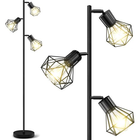 Lampadaire Industriel, Lampadaire Arbre de Ferme avec Têtes de Cage Réglables, Lampadaires Rustiques pour Salon Chambre Bureau, Noir (Ampoules Non Incluses) (1/5)
